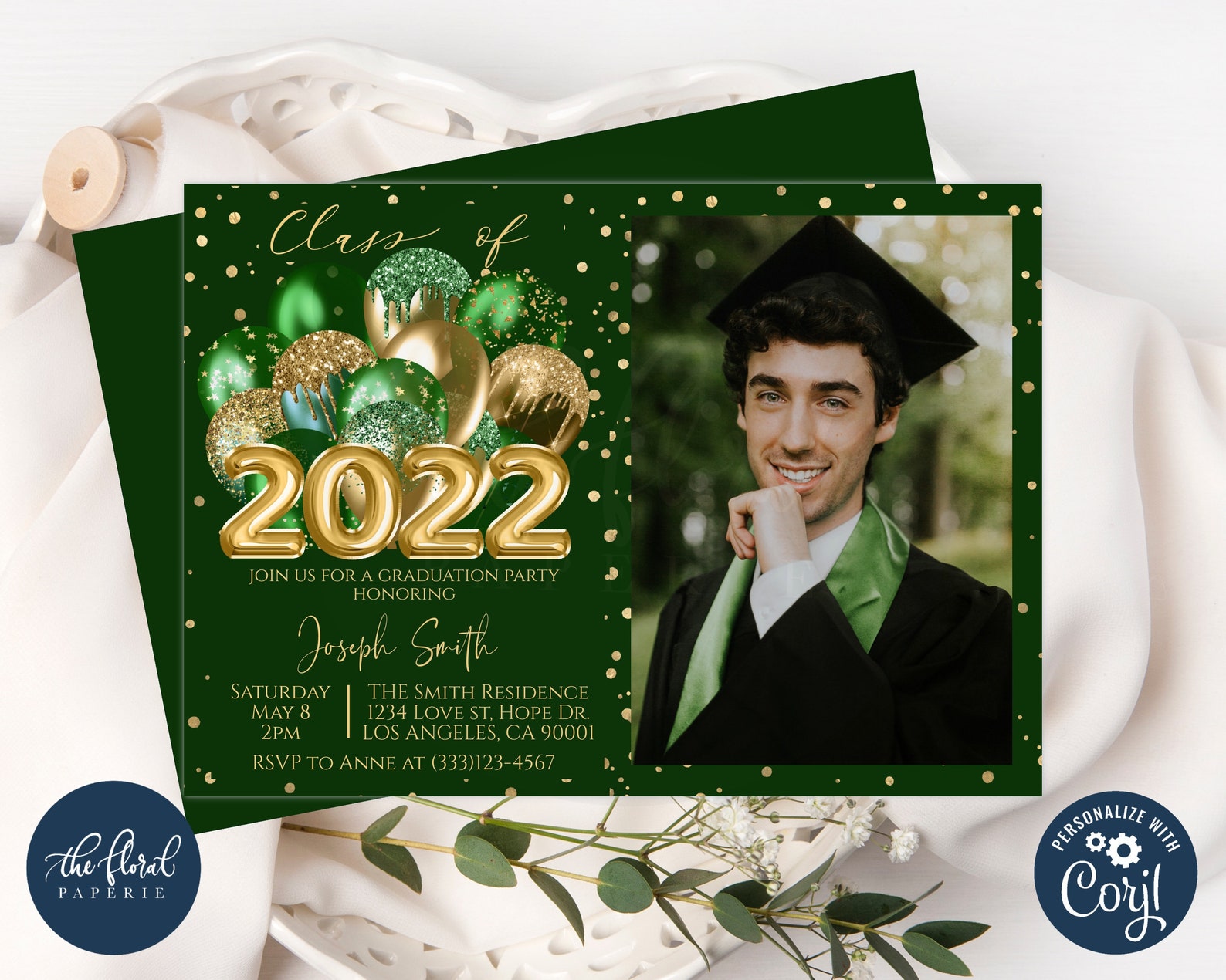 Graduation Party Invitation Template Editable Green and Gold Etsy