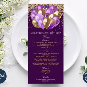 modelo de cartão de menu roxo e dourado, cartão de menu de evento editável, cartão de menu para impressão, cartão de menu de jantar, cartão de menu de festa, menus de festa de aniversário