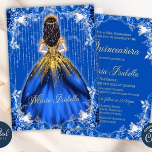 royalblaue und goldene Quinceanera-Einladungsvorlage, bearbeitbare Einladungen zum 15. Geburtstag, fünfzehn Geburtstagseinladungen, dunkelblaue Quitte lädt ein,
