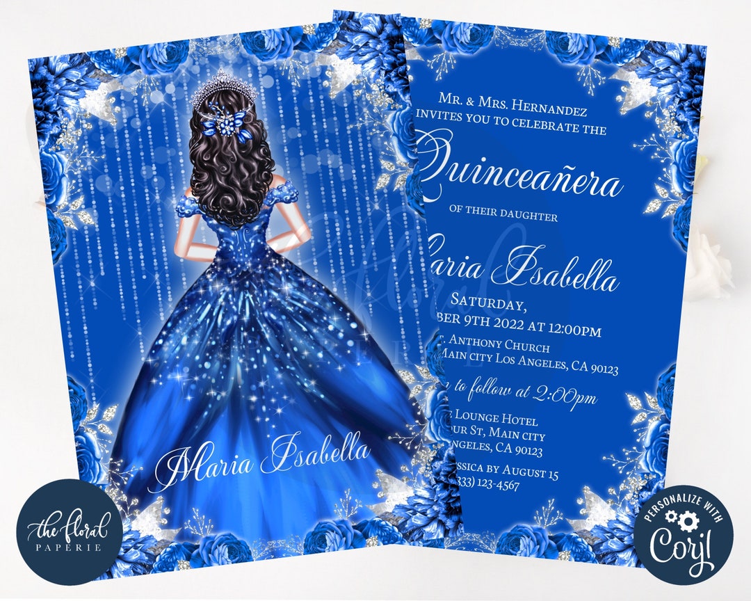 Royal Blue Quinceanera Invitation Template, Editable 15th Birthday