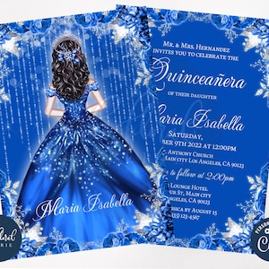 königliche blaue Quinceanera Einladungsvorlage, bearbeitbare Einladungen zum 15. Geburtstag, Einladungen zum fünfzehnten Geburtstag, dunkelblaue Quitte lädt ein,