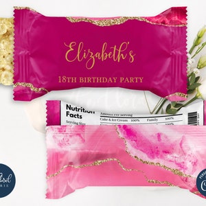 pink and gold rice krispies wrapper template, editable rice crispy wrapper, printable rice krispies treat labels, birthday favors TFP06