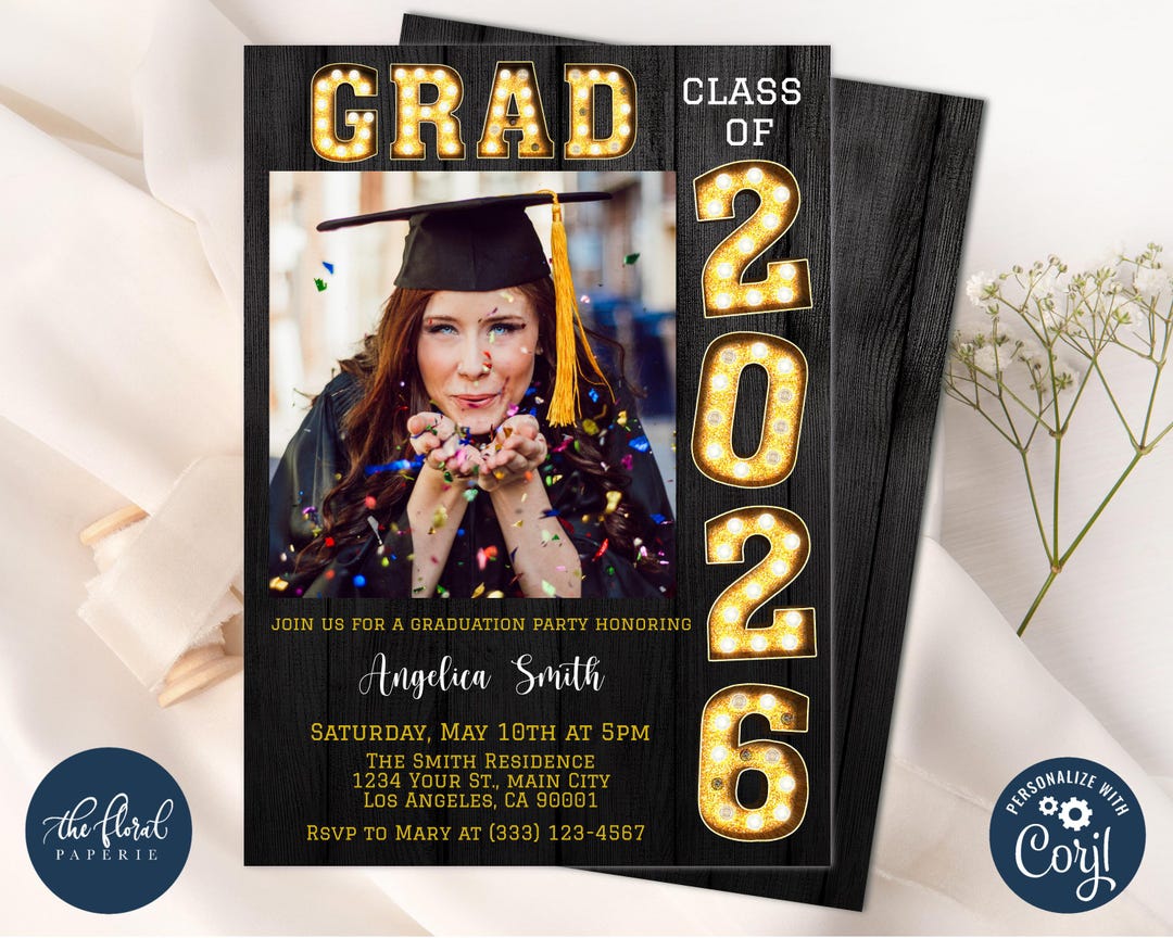 Black and Gold Graduation Party Invitation, Class of 2026 Photo Invite ...