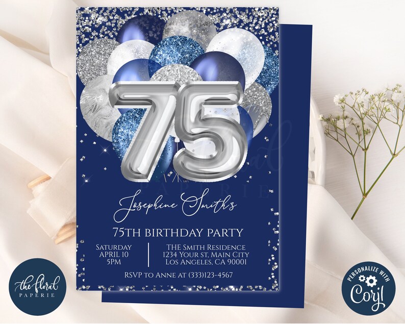 75th Birthday Invitation Template Navy Blue and Silver Etsy 75th Birthday Invitation Template Navy Blue and Silver Etsy