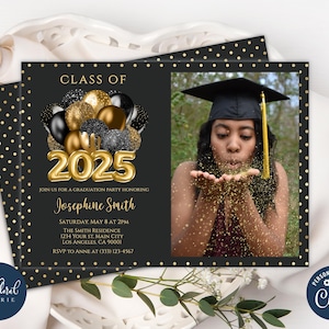 modello di invito per festa di laurea, inviti per festa di laurea modificabili in nero e oro, invito per la laurea della classe del 2025 con foto