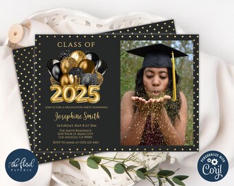 graduation party invitation template, editable black and gold graduation party invites, class of 2025 graduation invitation with photo