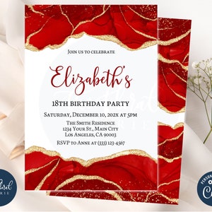 red and gold birthday invitation template, editable any age birthday invitation, agate invitation, adult birthday, women birthday TFP37