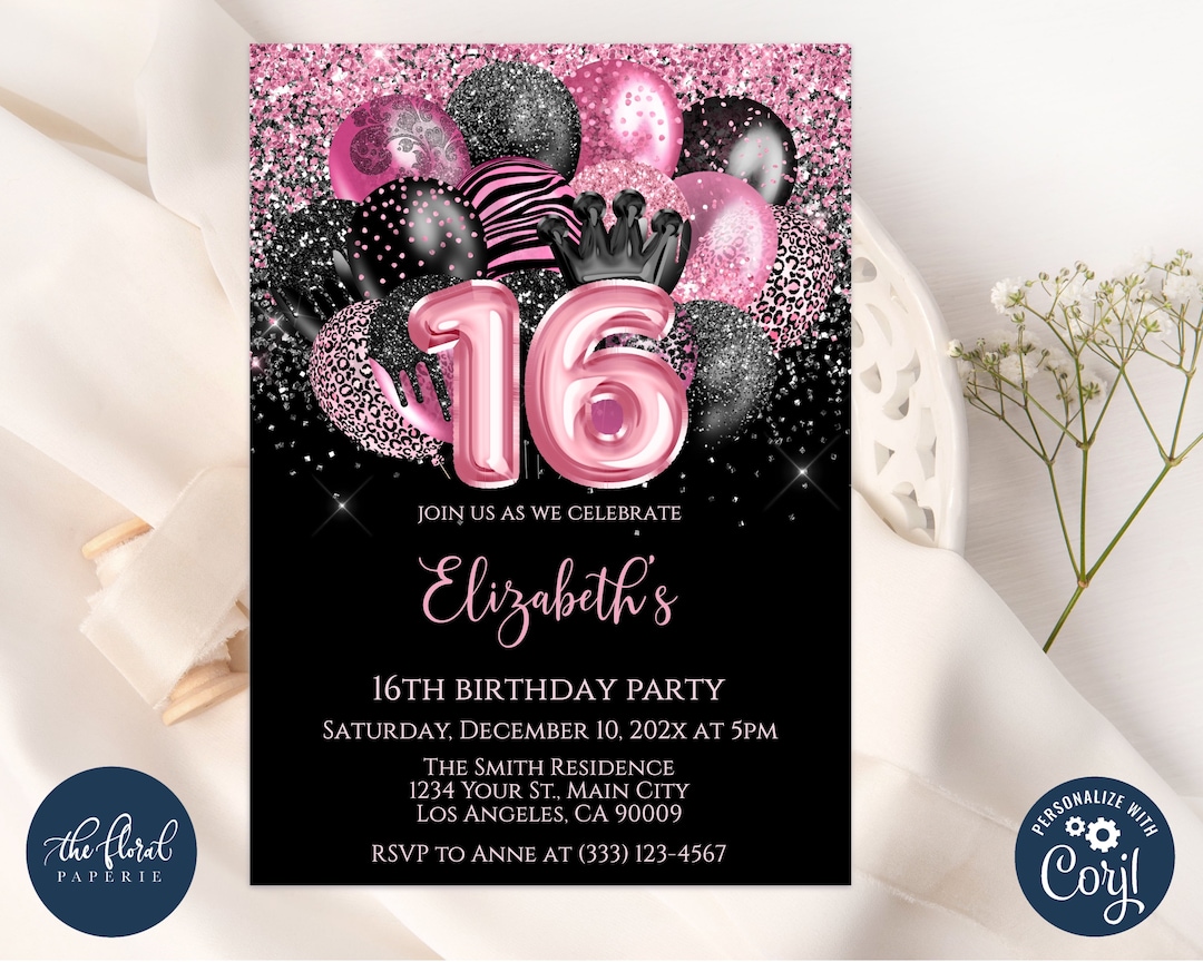 16th Birthday Invitation Template, Editable Black and Pink Birthday ...