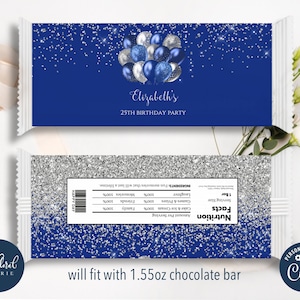 May include: Blue and silver glitter chocolate bar wrapper with a design of silver and blue balloons. The wrapper says "Elizabeth's 25th Birthday Party" and "will fit with 1.55oz chocolate bar".