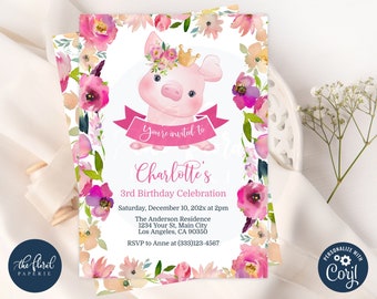 pig birthday invitation template, editable pig birthday invites,  girl birthday party, kids birthday invitation, printable pig invitations