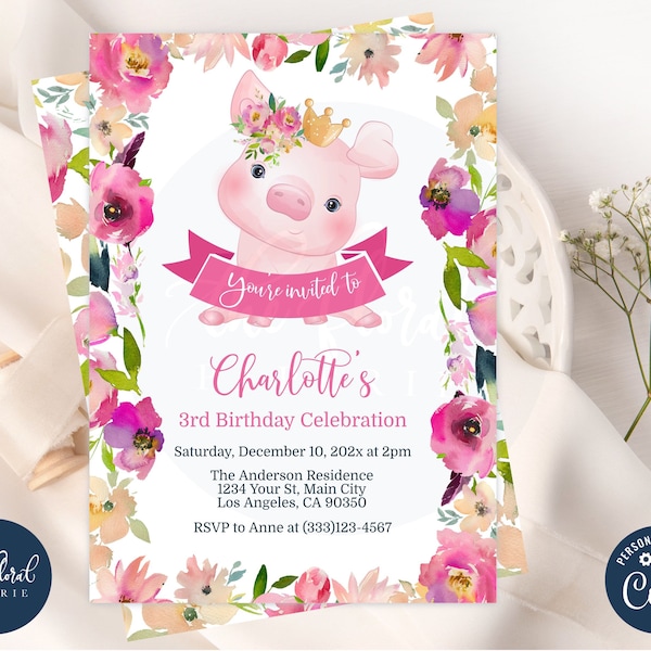 pig birthday invitation template, editable pig birthday invites,  girl birthday party, kids birthday invitation, printable pig invitations