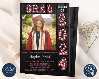 graduation party invitation template, editable burgundy graduation invites, class of 2024, 2024 graduation invitation, marquee invitation