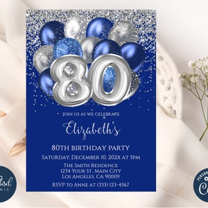 Modelo de convite para 80º aniversário, aniversário azul marinho e prata, convites para festa de aniversário com balões editáveis, convite para festa de adulto, aniversário de 80 anos