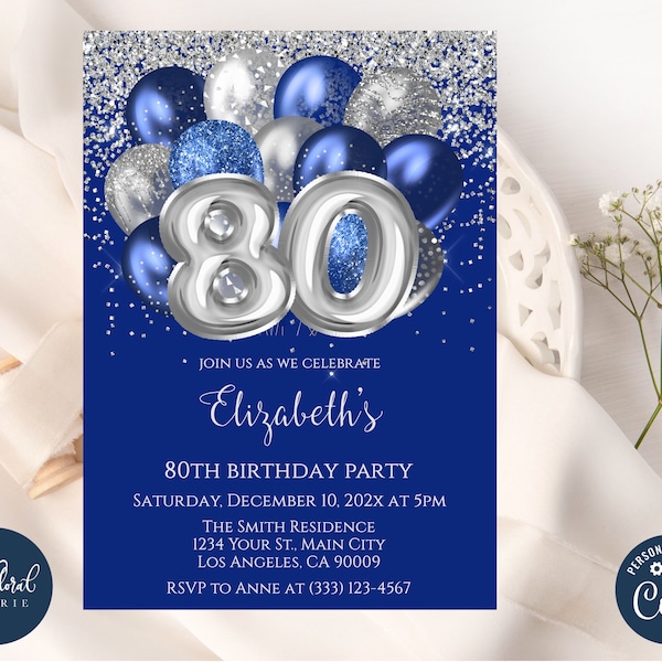 80th birthday invitation template, navy blue and silver birthday, editable balloons birthday party invites, adult party invite, 80 birthday