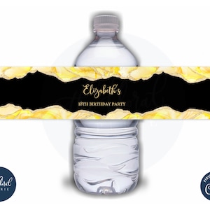 yellow and black water bottle label template, editable agate water bottle sticker, birthday favors, bottle label, water bottle wrapper TFP34