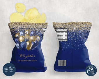 blue and gold chip bag template, editable potato chip bag wrapper, printable potato chips party favor labels, custom chip bag template