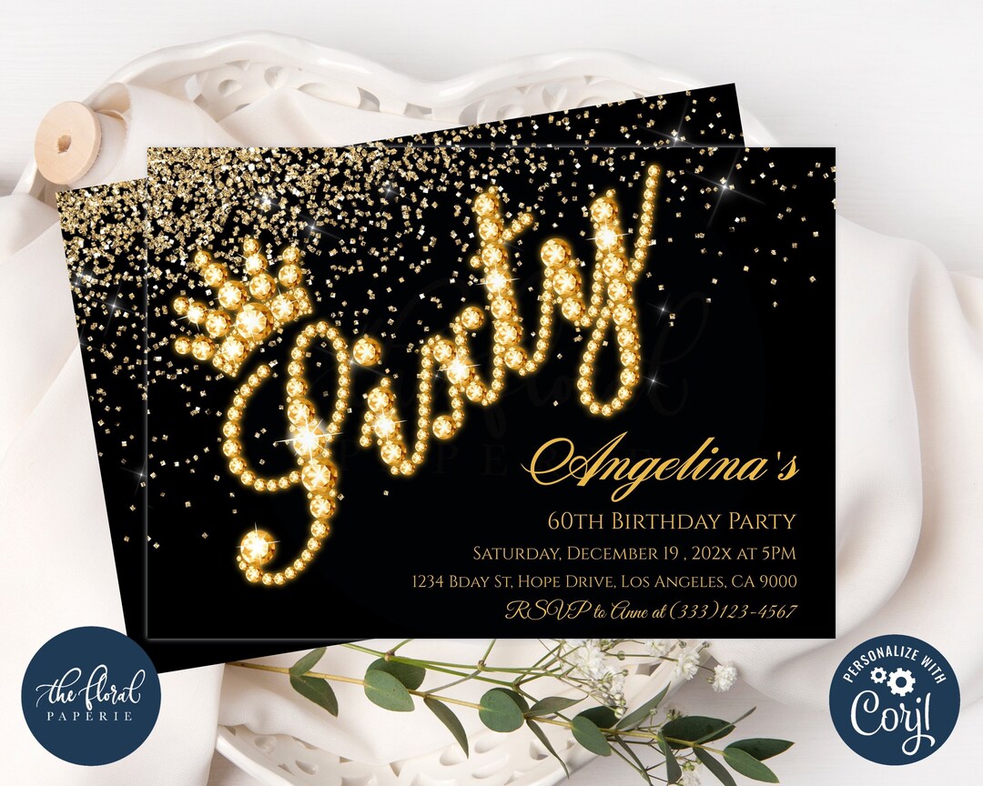 60th Birthday Invitation, Black and Gold Birthday Invitation Template