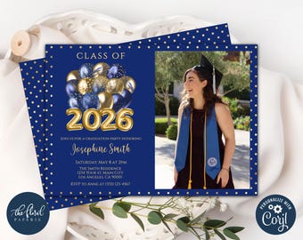 Navy Blue and Gold Graduation Party Invitation Template with Photo, Class of 2026 (Editable)