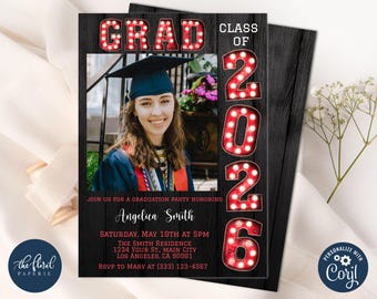 Red and Black Graduation Party Invitation Template, Class of 2026 Photo Invite (Digital)