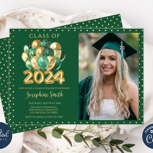 graduation party invitation template, editable green and gold graduation party invites, class of 2024, graduation invitation with photo