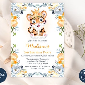 tiger birthday invitation template, girl birthday party invitation, printable tiger birthday invites, tiger theme party invitation