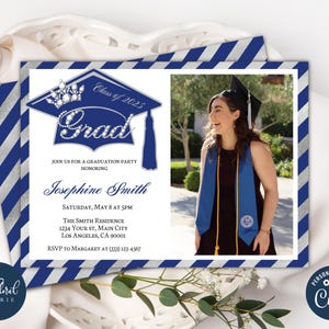graduation party invitation template, editable blue and silver graduation party invites, class of 2025, graduation invitation with photo