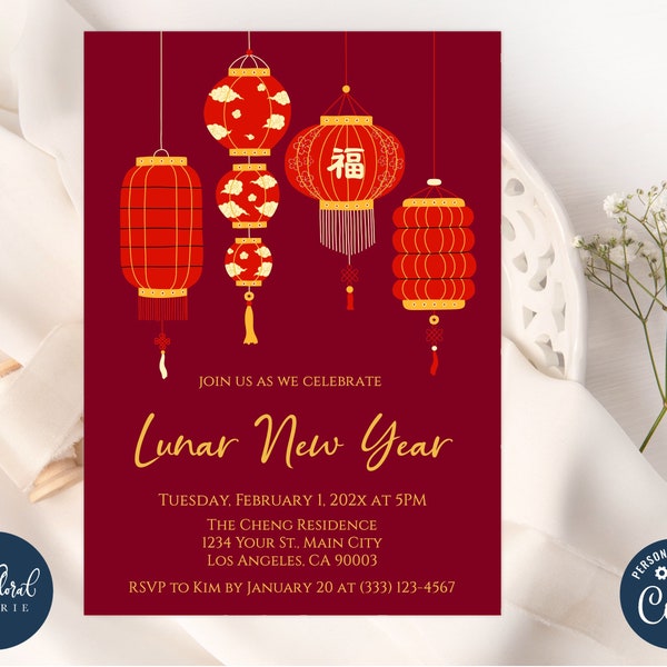 chinese new year invitation template, lunar new year invitation, printable chinese lantern invites, editable chinese celebration invitation