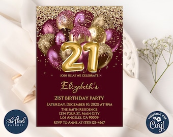 Burgundy and Gold 21st Birthday Invitation Template (Digital Download)
