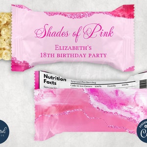 shades of pink rice krispies wrapper template, editable rice crispy wrapper, printable rice krispies treat labels, birthday favors TFP39