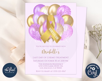 last day of chemo party invitation template, editable gold ribbon invitation, childhood cancer, cancer free invitation, cancer warrior