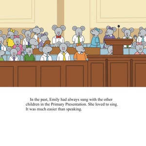 May include: A group of gray mice with different colored bows and ties are sitting in a wooden pew. The mice are singing in a choir. One mouse is standing at a podium with a microphone.