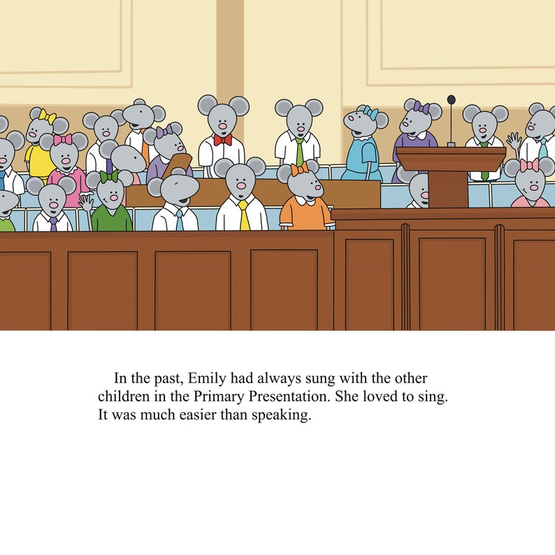 May include: A group of gray mice with different colored bows and ties are sitting in a wooden pew. The mice are singing in a choir. One mouse is standing at a podium with a microphone.
