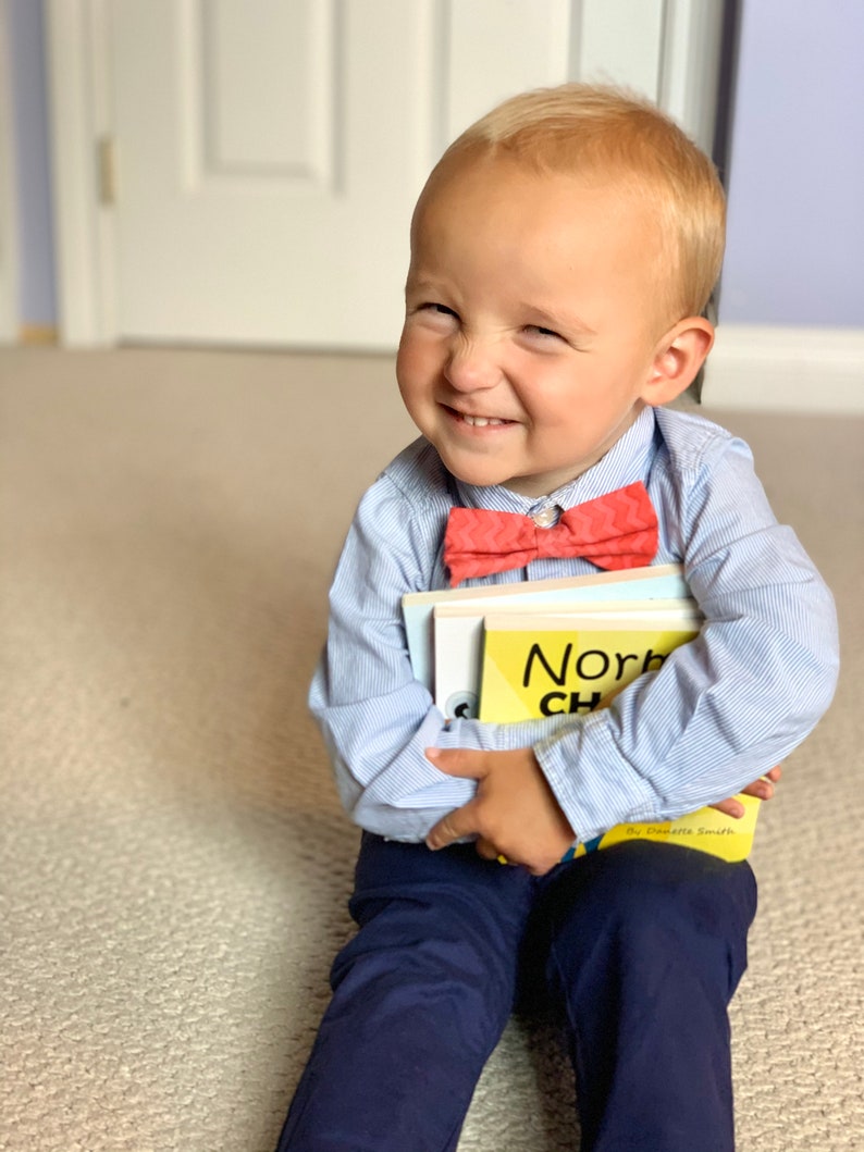 May include: A young child wearing a light blue striped button-down shirt, navy blue pants, and a coral bow tie. The child is holding books, one of which reads "Norbert". The child is winking and smiling.