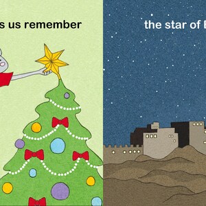 May include: A children's book illustration with two panels. One shows two mice decorating a Christmas tree with a star, the text reads "The star helps us remember." The other panel shows a star over a city, with the text "the star of Bethlehem."