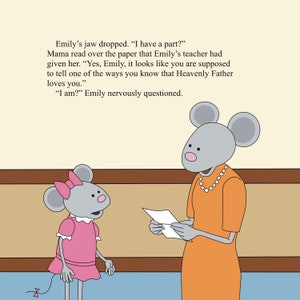 May include: A gray mouse with pink ears and a pink bow in her hair is talking to a gray mouse with a pearl necklace and an orange dress. The mouse in the orange dress is holding a piece of paper that says "I have a part?"