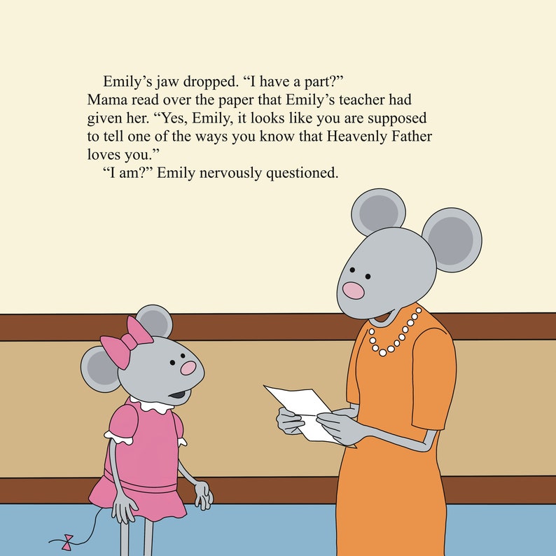 May include: A gray mouse with pink ears and a pink bow in her hair is talking to a gray mouse with a pearl necklace and an orange dress. The mouse in the orange dress is holding a piece of paper that says "I have a part?"