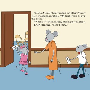 May include: A cartoon illustration of a mouse child rushing out of a classroom door to give an envelope to her mother. The envelope has the word "Harman" written on it. The mother mouse is wearing an orange dress and the child is wearing a pink dress.