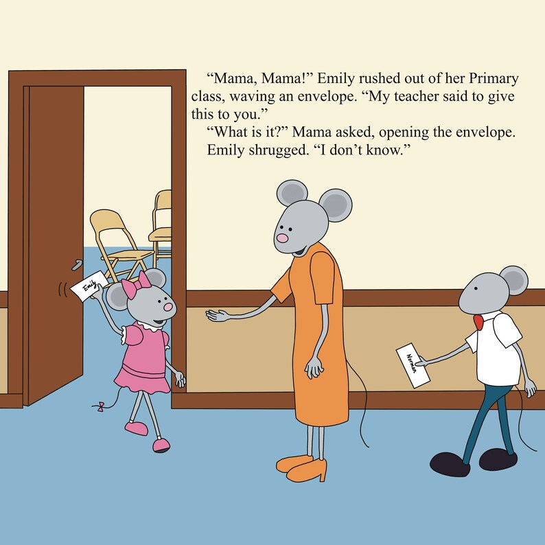 May include: A cartoon illustration of a mouse child rushing out of a classroom door to give an envelope to her mother. The envelope has the word "Harman" written on it. The mother mouse is wearing an orange dress and the child is wearing a pink dress.