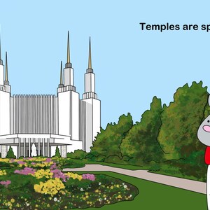 May include: A cartoon mouse wearing a white shirt and a red bow tie stands in front of a white temple with tall spires. The text "Temples are special places" is written in black at the top of the image.