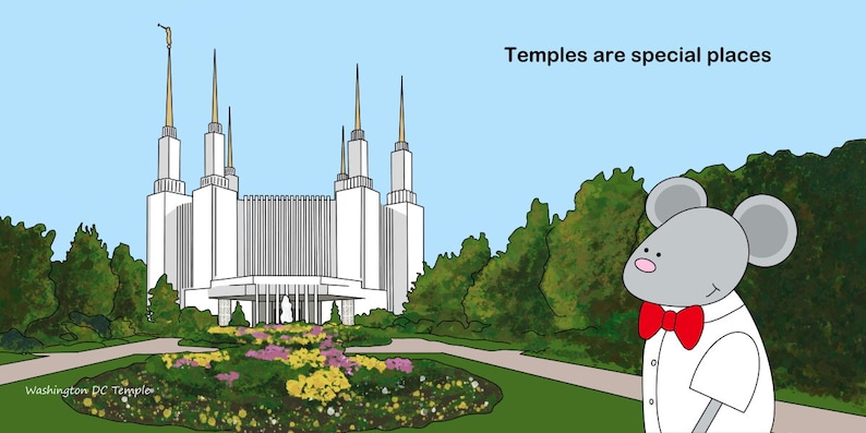 May include: A cartoon mouse wearing a white shirt and a red bow tie stands in front of a white temple with tall spires. The text "Temples are special places" is written in black at the top of the image.