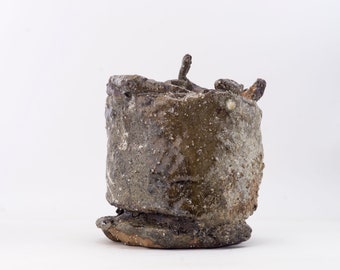 Puede incluir: Una pequeña maceta de cerámica marrón, con textura rugosa y forma asimétrica única. La maceta tiene una base ligeramente irregular y una superficie rugosa y texturizada.