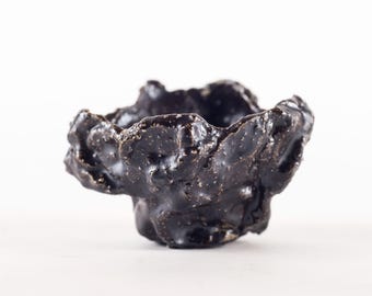 Yunomi 27, black raku bowl fired in a wood-fired oven.