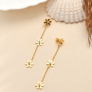 18k Gold Plated Dainty CZ Piercing Dangle Chain Earrings, Brass Chain Connected Stud Earring, Waterfall Dangle Earring.