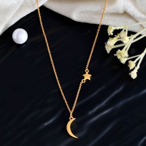 Star and Moon Pendant Necklace | Gold | Rose Gold Necklace with Half Moon | Crescent Moon Necklace, Charm Necklace Chain, For Your Moon.