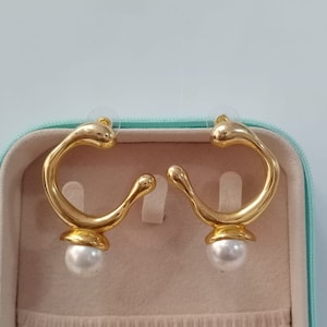 Gold Plated Huggie Hoops: Baroque Pearl Dangle Earrings