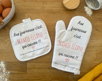 Gant et manique à personnaliser pour une idée cadeau fêtes des mamies, fête des grands-mères, fête des mères et pour tout ceux qui cuisinent