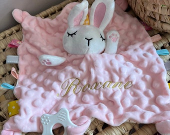 Soft rabbit comforter to personalize with the embroidered first name for a lovely birth gift