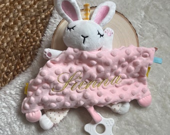 Very soft rabbit comforter to personalize with the embroidered first name for a nice birth gift