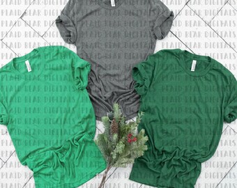 Download Free Bella Canvas 3001 Grey, Kelly & Grass Green Heather Unisex Jersey T-shirt Mockup | Winter Mockup | St Patricks Day Mockup | Styled Mockup PSD Template
