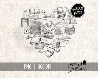 May include: Black and white illustration of a heart shape made of books. The text "Original Artist" is in a circle at the top of the image. The text "Spooky Scribbles" is at the bottom of the image. The text "PNG | 300 DPI" is in the middle of the image.